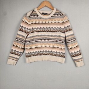 J.Crew Sweater Womens XS Cream Brown Fair Isle Lambswool Blend Crewneck Knit